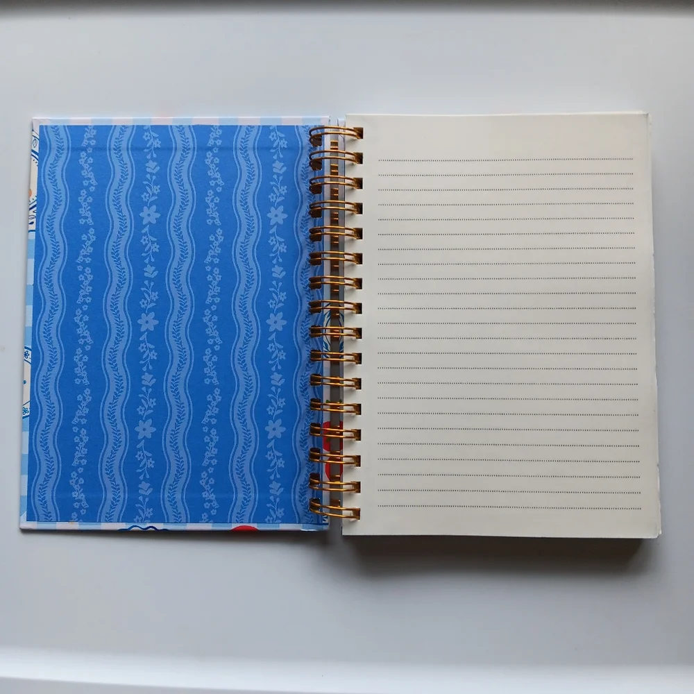 New Clementine Spiral-Bound Notebook Lined Plaid Tomatoes Pasta Food Blue White